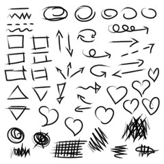 Hand drawn black doodle sketch arrow, circle, brush stroke scribble, heart, triangle, square, scribble background.  
Vector illustration doodle graphic elements