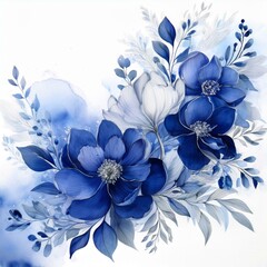 Watercolor royal blue and silver floral clip art design, white isolated background space AI generative