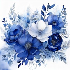 Watercolor royal blue and silver floral clip art design, white isolated background space AI generative