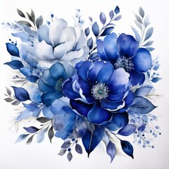 Watercolor royal blue and silver floral clip art design, white isolated background space AI generative
