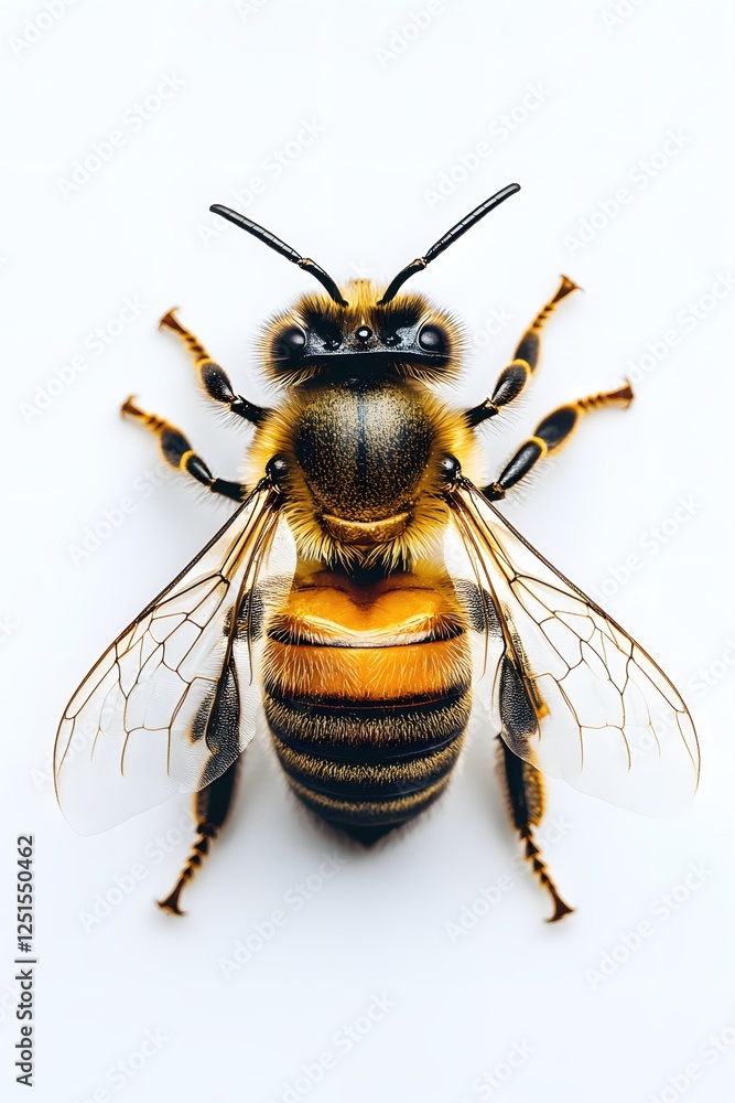Poster detailed close up of a honeybee on a white background showing intricate details and texture
