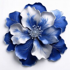 Watercolor royal blue and silver floral clip art design, white isolated background space AI generative
