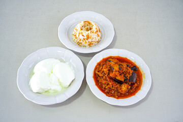 Meat with eggplant and pepper.Cooked with vegetables and hot spices. Patlican kebab, musakka.