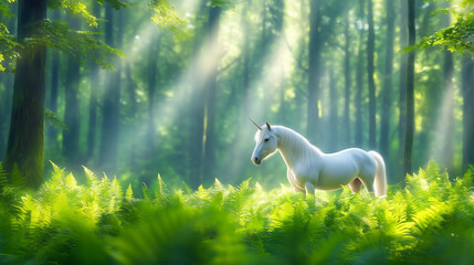 A majestic white unicorn is positioned gracefully among vibrant green ferns within a serene forest setting. Rays of sunlight filter through the trees, creating a magical atmosphere