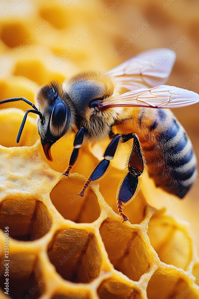 Poster honeybee perched on honeycomb a close up view of a bee on a golden hexagonal structure