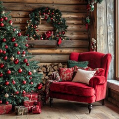 Cozy holiday living room with a decorated Christmas tree and red armchair beside a window