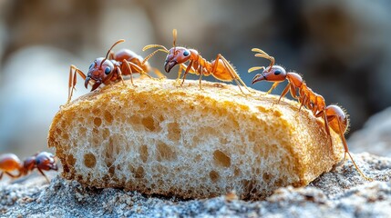 Red ants feasting on breadcrumb in outdoor setting
