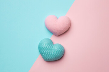 Valentine's Day two heart on pastel color background. Love concept. Minimal concept idea. Top view.