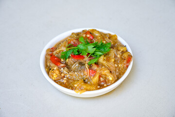 Meat with eggplant and pepper.Cooked with vegetables and hot spices. Patlican kebab, musakka.