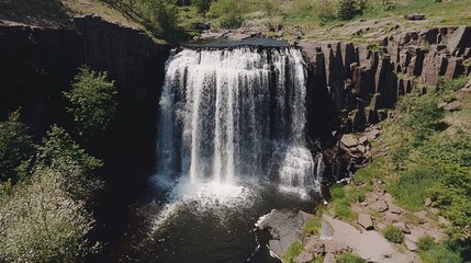 Fototapeta premium Waterfall cascading down rocky cliffs, lush greenery surrounds. Scenic landscape. Potential use Nature photography