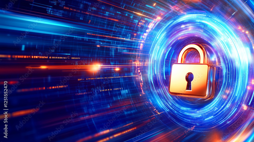Poster a lock icon glows in the center of a dynamic network of colorful digital lines, illustrating the con