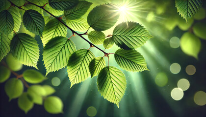 Sonnenstrahlen durchscheinen einen frischen grünen Hainbuchenzweig im Frühling