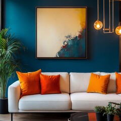 Modern living room featuring bright orange accents and an abstract painting on a bold blue wall