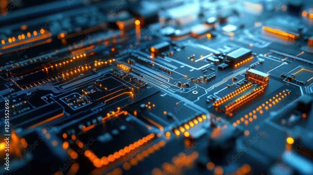 Poster close up view of a circuit board with glowing orange lines and components, showcasing the intricate 