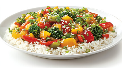 Colorful veggie stir-fry served over fluffy white rice, topped with fresh green onions and sesame seeds. A healthy meal choice.