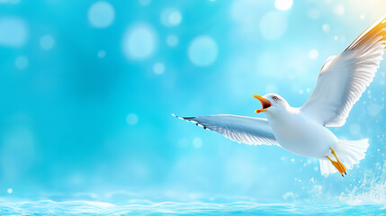 A seagull soars gracefully above sparkling water, its wings outstretched against a vibrant blue background filled with soft light. The bird's calls echo in the serene atmosphere