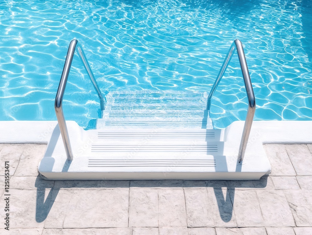 Poster serene pool scene with sparkling water and steps leading to refreshing coolness and relaxation