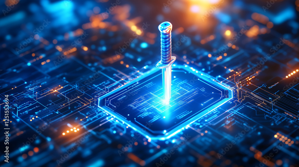 Poster a sword stands upright within a vibrant microchip set in a blue neon circuit board. the background i