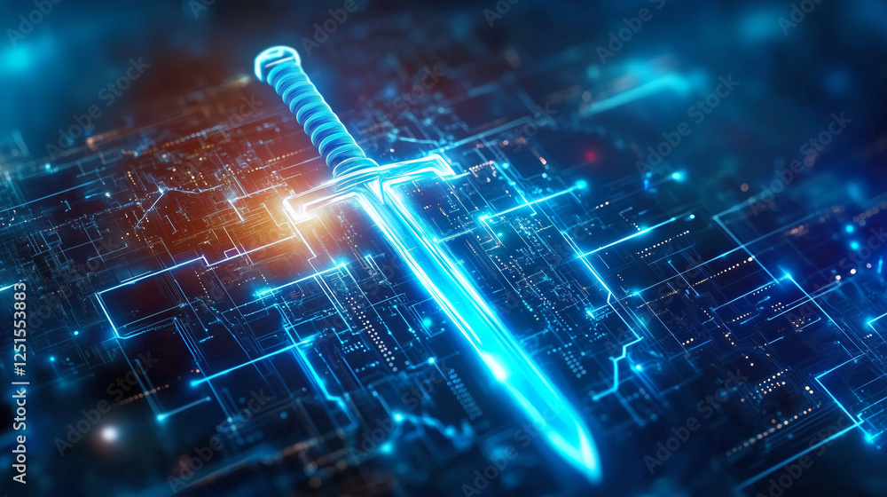 Aufkleber a luminescent blue sword lies on a complex digital background filled with glowing circuit patterns a