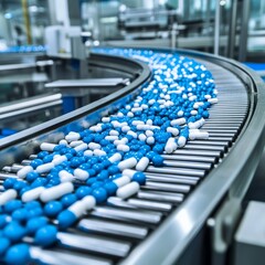 Pill production line features blue and white capsules moving along a conveyor belt in a manufacturing facility