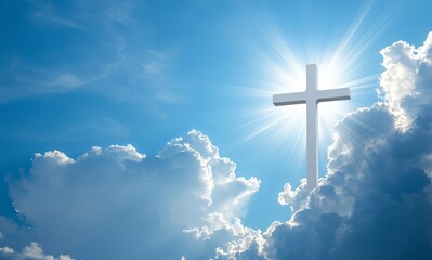 The cross shines brightly in the blue sky, creating an atmosphere of hope and peace. The background is clear with white clouds scattered across it, adding to its beauty. Generative AI