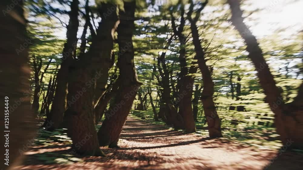 Poster exploring a sunlit forest path with towering trees and vibrant greenery in the heart of nature