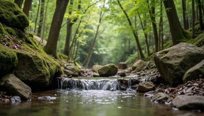 Small waterfall flowing over mossy rocks in a lush forest.