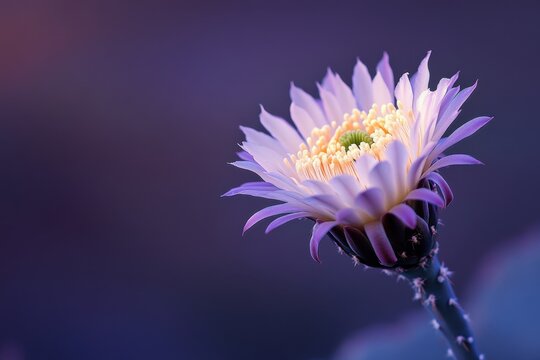 Beautiful purple cactus flower blooms elegantly against a dark background