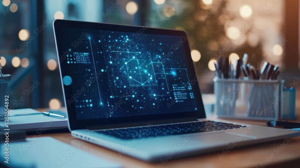 Aufkleber laptop on a desk displays a digital interface with scientific data and geometric patterns, surrounde