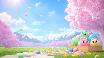 Obraz premium Cartoon Bird Characters with Colorful Eggs in Blossoming Garden Scene Sunny Day.