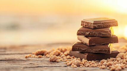 Stack of chocolate pieces on wooden table with sunset background