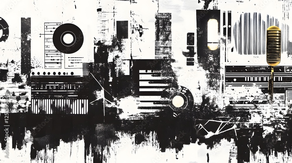 Poster abstract monochrome geometric collage with contrasting patterns and layered textures