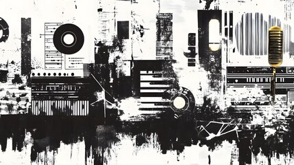 Abstract Monochrome Geometric Collage with Contrasting Patterns and Layered Textures