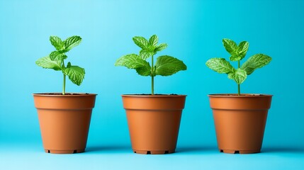 Obraz premium Three mint plants in terracotta pots against a bright blue background. Growth, nature, and freshness.