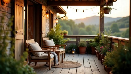 Fototapeta premium A rustic porch at sunset features wooden furniture with cushions, round table, potted plants, hanging lanterns, and string lights. Warm lighting and scenic view create a serene and inviting atmosphere