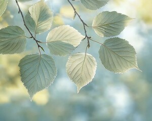 Fototapeta premium Pale leaves on branches, soft light, natural background. Possible use Nature photography, spring, summer, botanical images