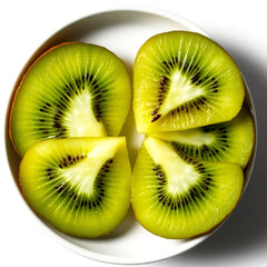  Freshly Sliced Kiwi Fruit in a White Bowl, Top-Down View