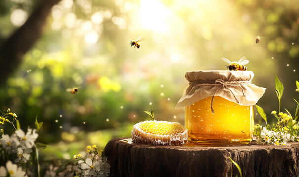 A golden honey jar surrounded by buzzing bees in a sunlit garden