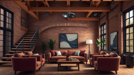 Warm Industrial Living Room Design with Open Staircase and Rustic Charm