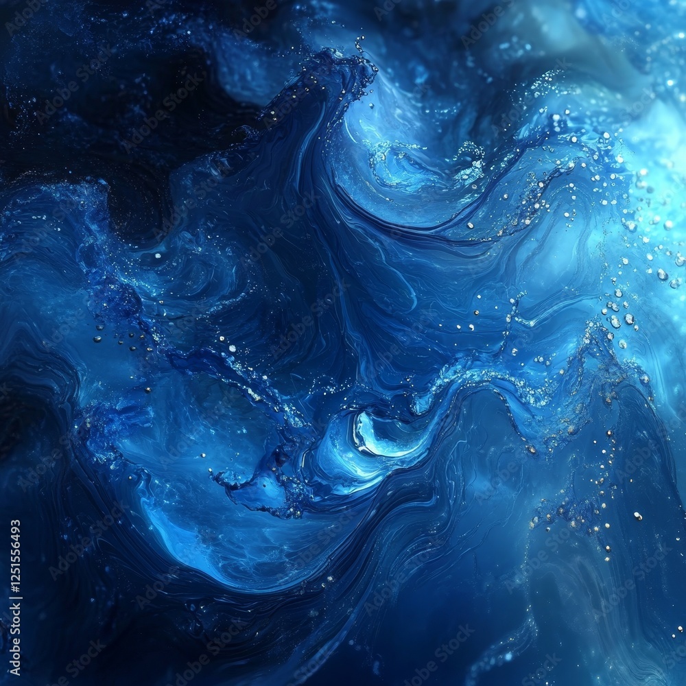 Poster swirling blue water patterns with light reflections creating an abstract oceanic artwork