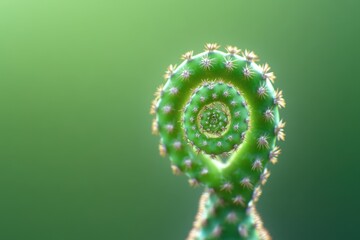 Close up of spiral cactus plant shoot on green background