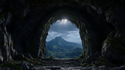 Cave Entrance Leading to Lush Mountains and Sky with Sunlight Shining Through.