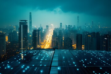 Smart City with Rooftop Solar Panels at Night
