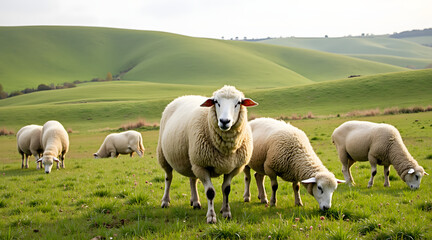 Fototapeta premium A flock of sheep grazes peacefully in a lush green pasture surrounded by rolling hills under a soft overcast sky