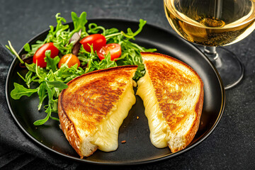 Adult grilled cheese sandwich with salad and white wine.