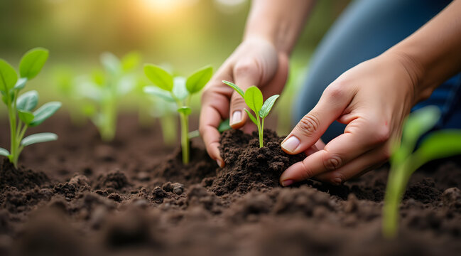 A person is planting young green seedlings in rich soil during daytime, showcasing a connection with nature and nurturing growth
