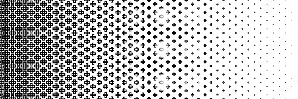 Poster horizontal halftone of black outline cross or plus design for pattern and background.
