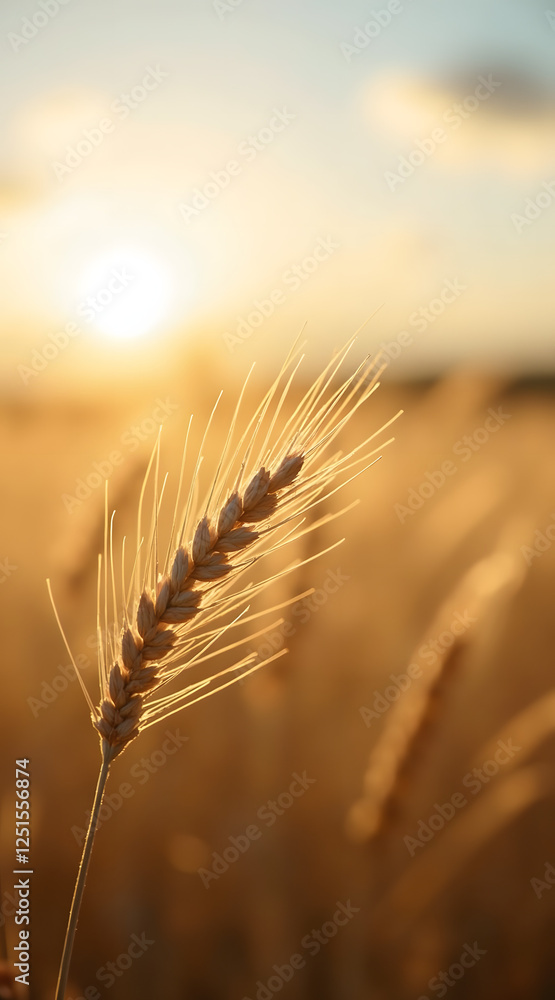 Poster a close-up view of a golden wheat ear illuminated by the warm glow of the setting sun creating a ser