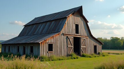 Obraz premium A rustic wooden barn stands amidst lush green grass under a clear blue sky, reflecting a serene countryside atmosphere, ideal for rural themes and nature settings