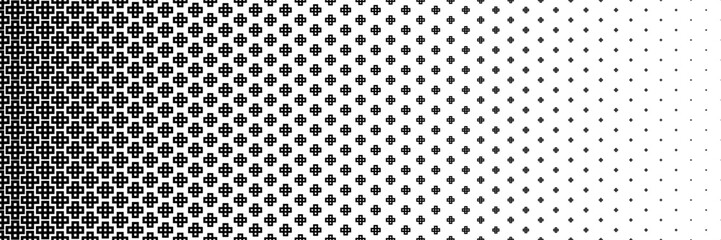 horizontal halftone of black outline cross or plus design for pattern and background.